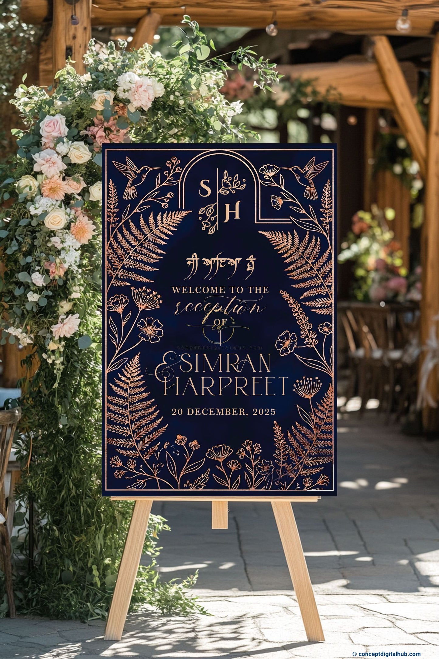 Midnight Navy Color Fern Leaf Accents Welcome Board for Wedding Week