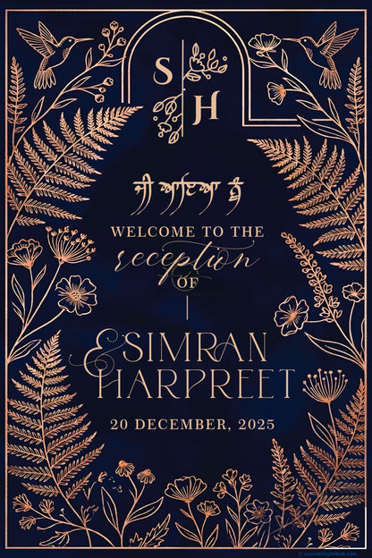Midnight Navy Color Fern Leaf Accents Welcome Board for Wedding Week
