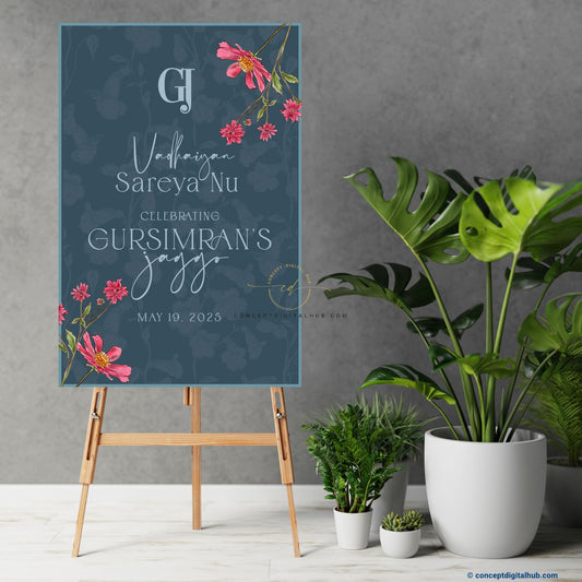 Dark Grey Blue Color Floral Welcome Board for Jaggo