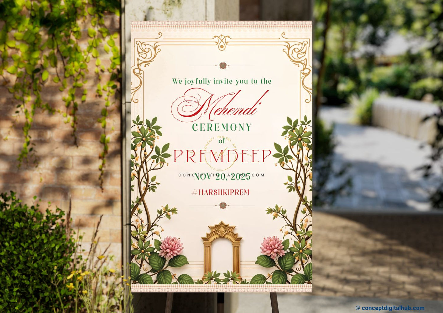 Cream Color Pink flowers Welcome Board for Mehendi