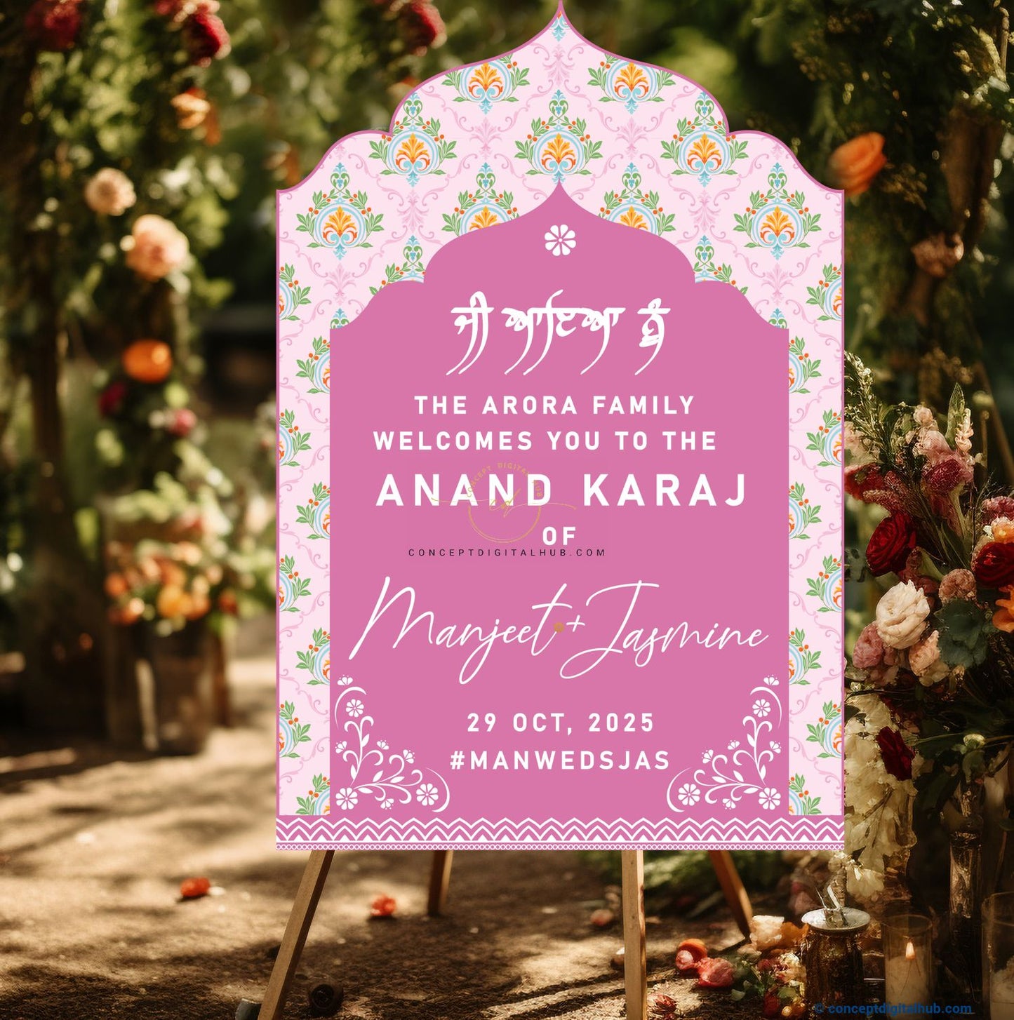 Thulian Pink Color Damask Welcome Board for Wedding Week